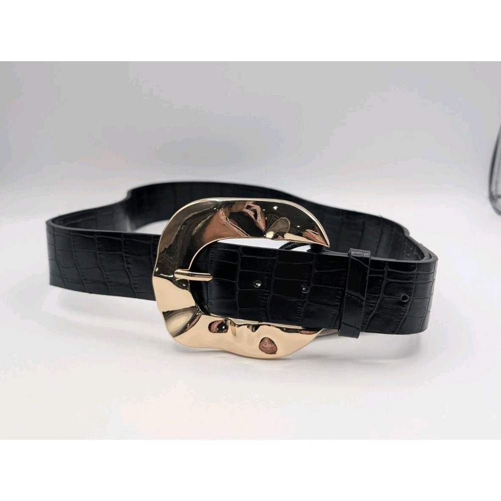 ZARA Women M Black Belt Croc Embossed Oversized Sculptural Gold Buckle NWT